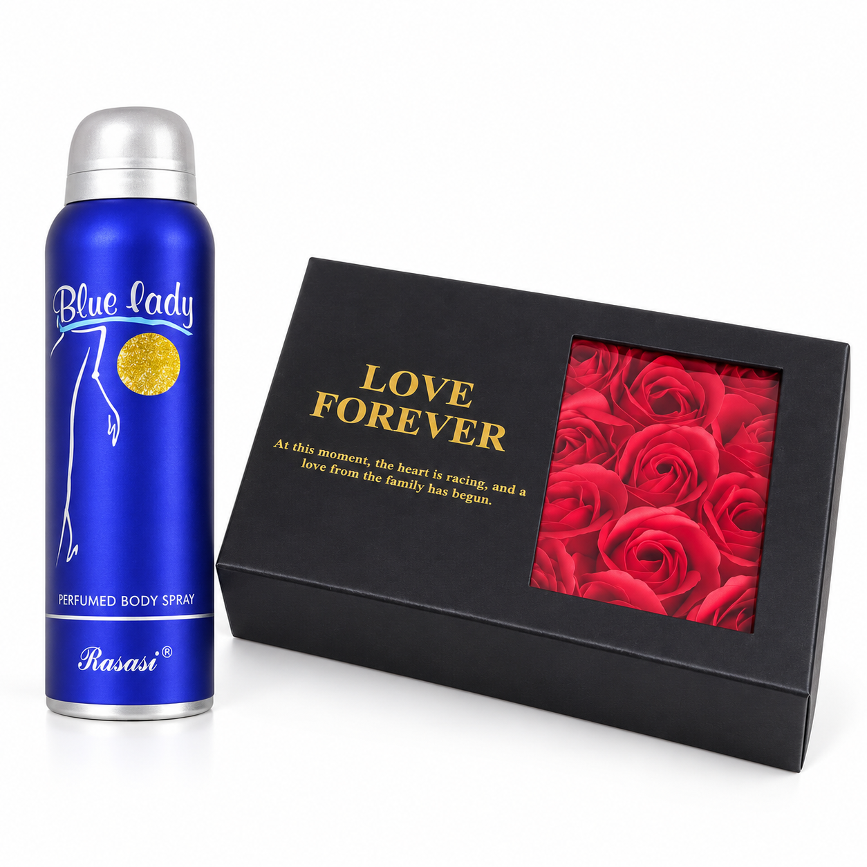 Love Forever Pearl & Rose Gift Box + Blue Lady Deodorant Body Spray Rasasi Gift Combo Offer